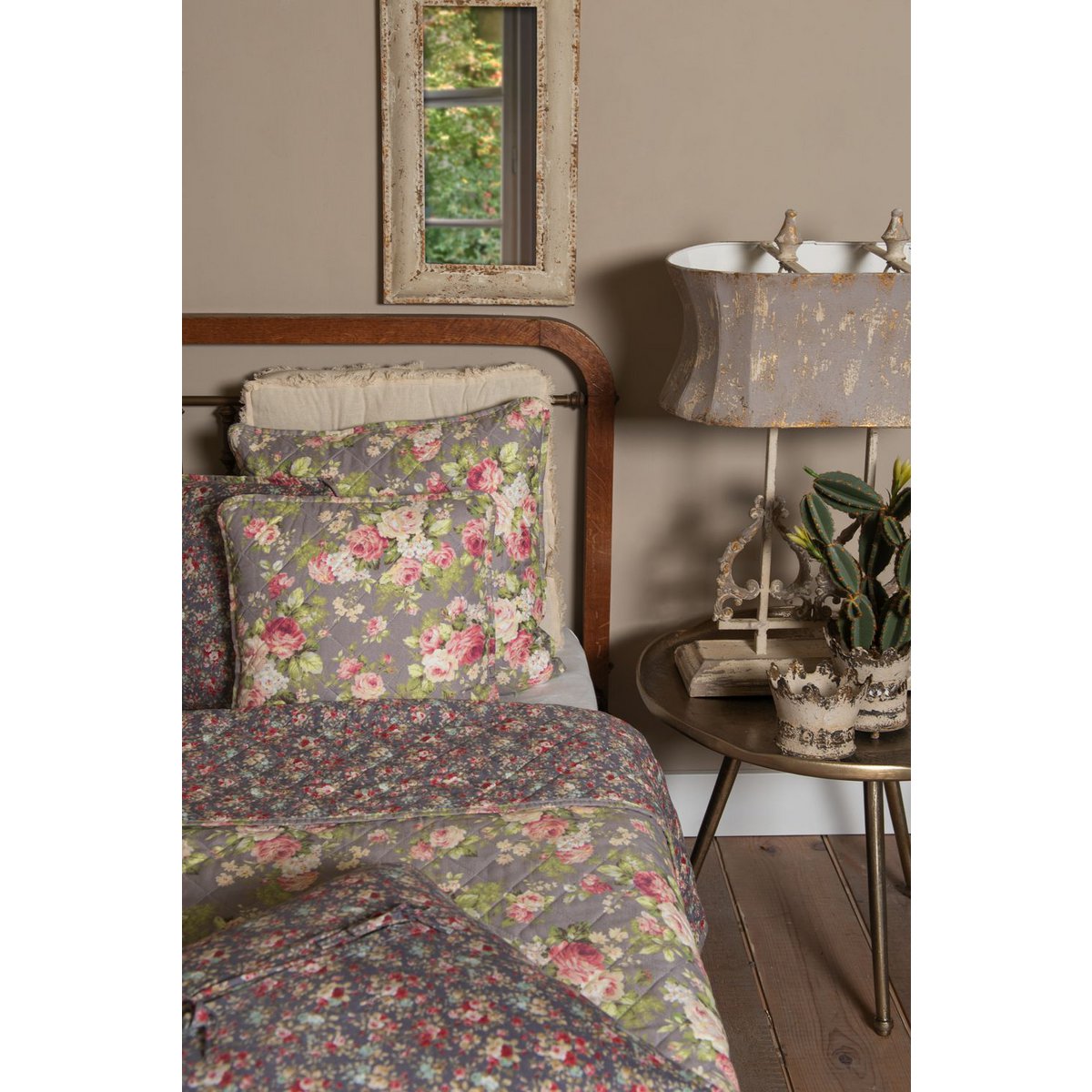Kussenhoes 50x50 cm grijs groen polyester bloemen