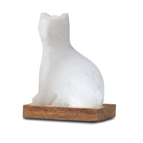 Zoutlamp Kat USB White Line Met Houten Voet 13 cm Sfeervol