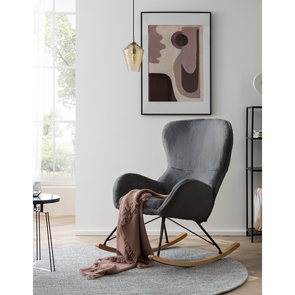 Rocking chair in dark grey lambskin look