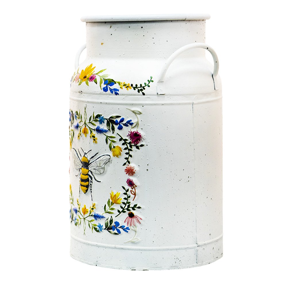 Decoratie Melkbus Ø 19x30 cm Wit Metaal Bij en Bloemen Melkkan