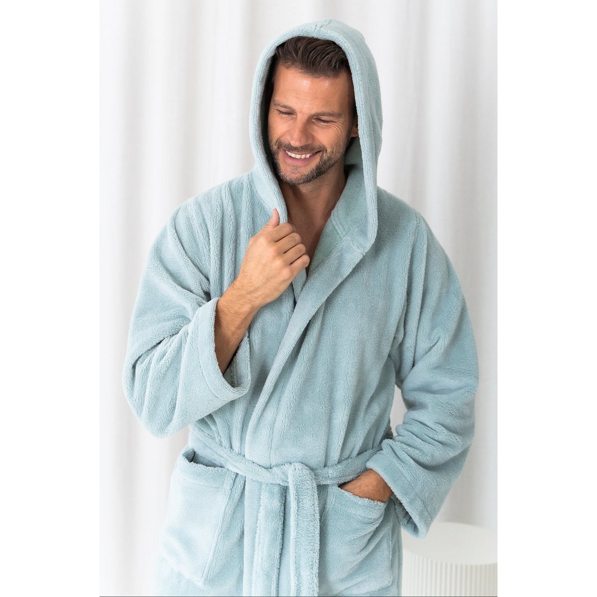 Badjas met capuchon zeegroen fleece katoen