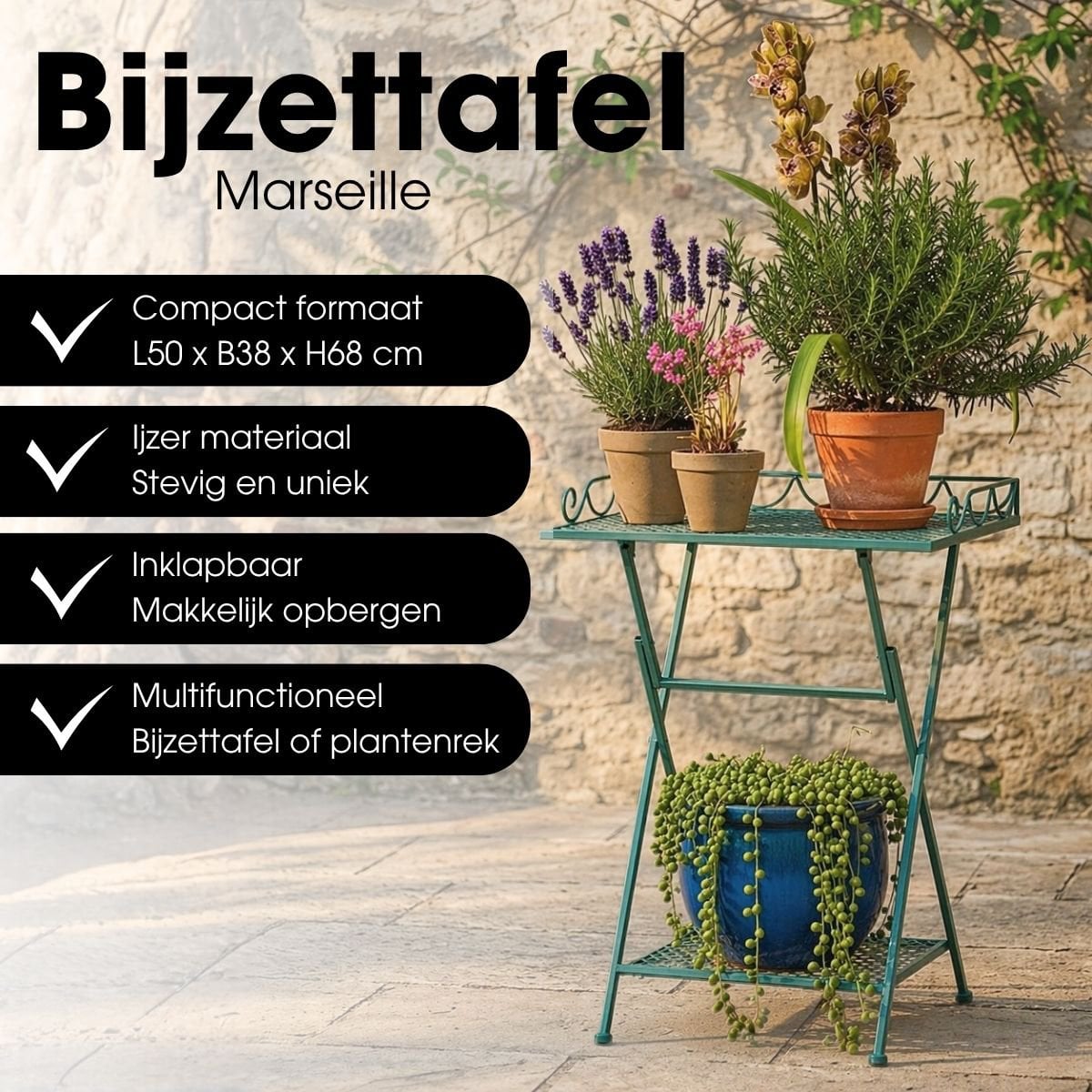 Bijzettafel inklapbaar 50x38x68 cm groen ijzer