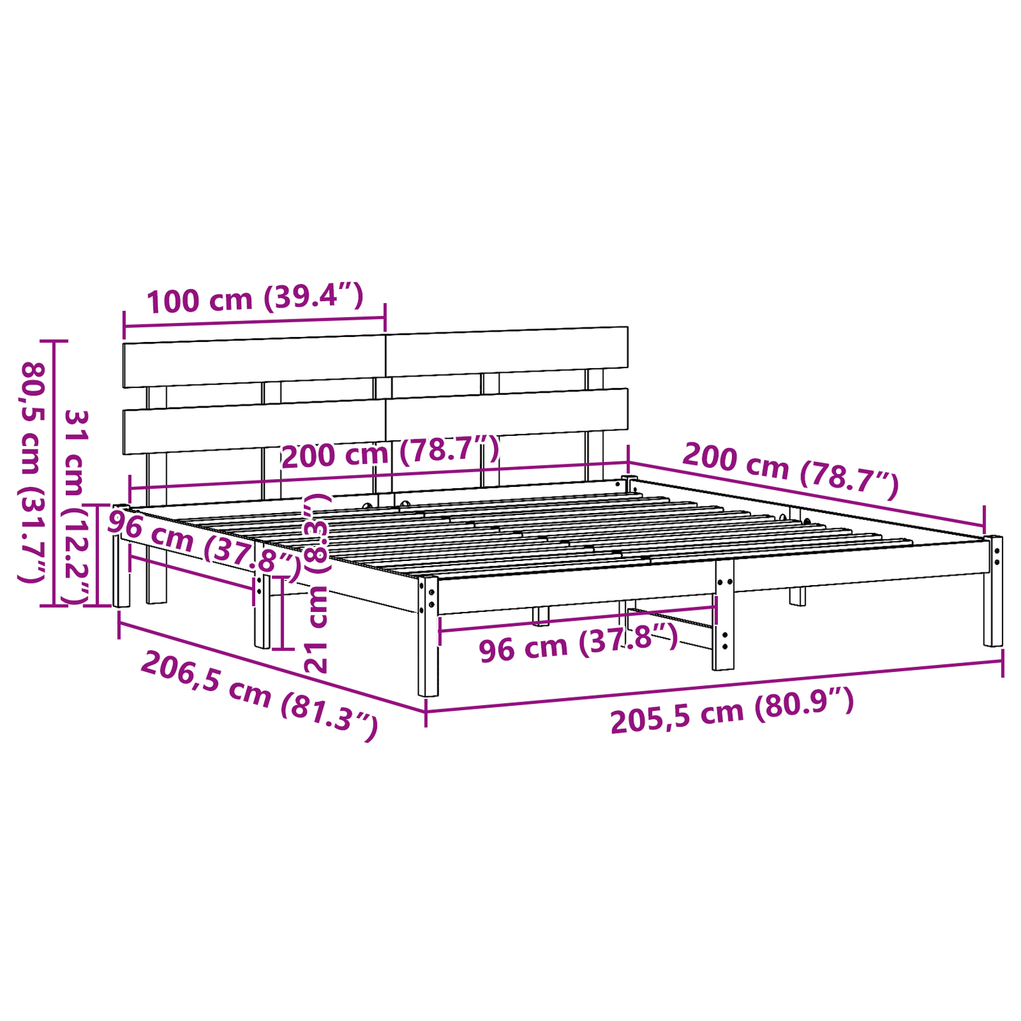 Bedframe met Hoofdbord Wit 200x200 cm Massief Hout
