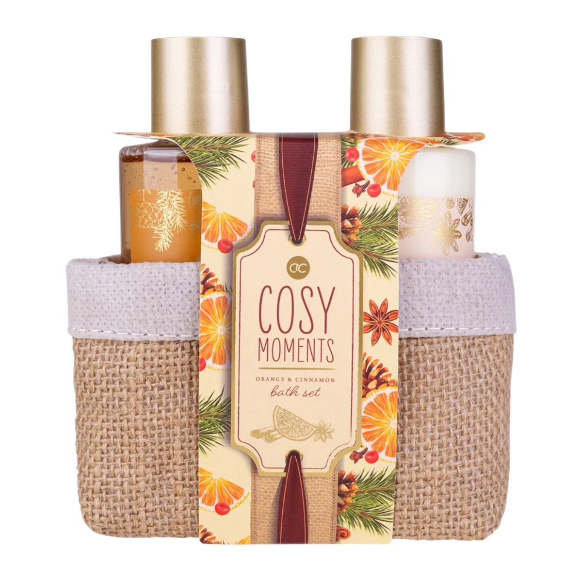 giftset bad sinaasappel kaneel 2x150 ml jute tasje