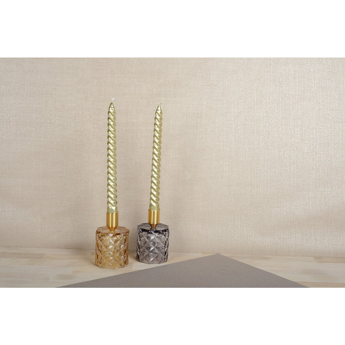 Kandelaars glas geel paars set van 2