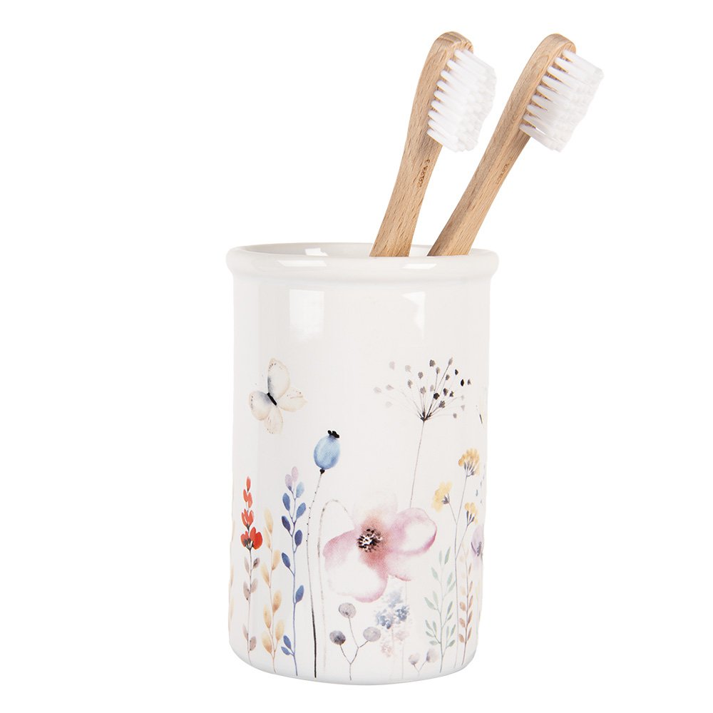 Tandenborstelhouder 8x12 cm wit keramiek bloemenmotief