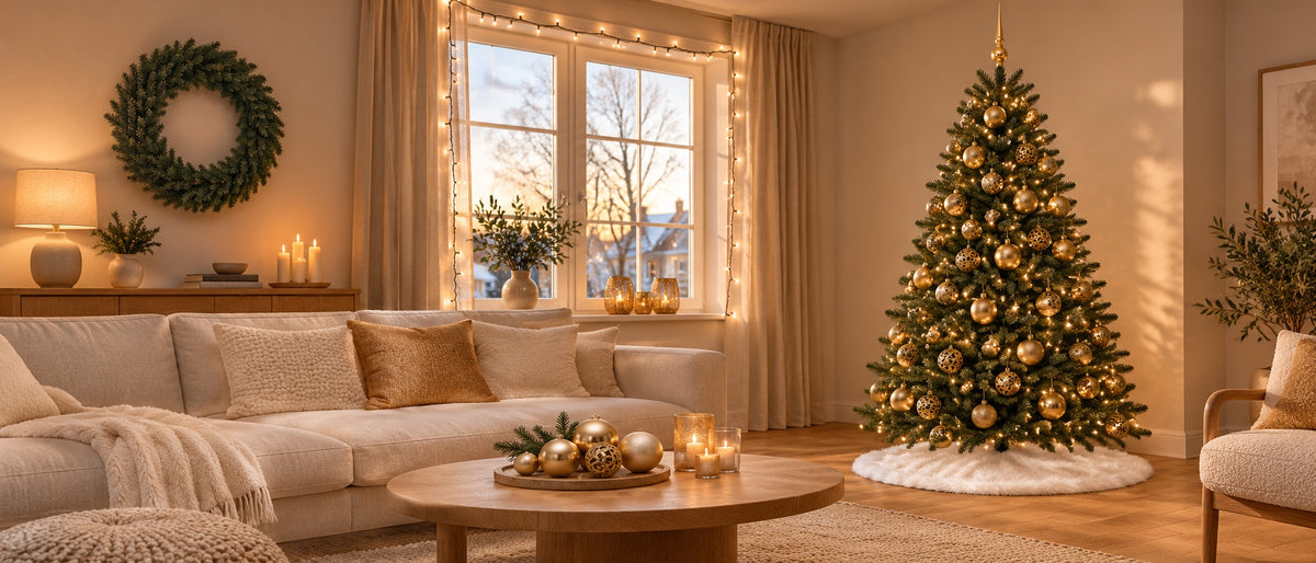 Warme woonkamer met een groene kerstboom, gouden kerstballen, warmwitte verlichting, een groene krans en een witte boomrok.