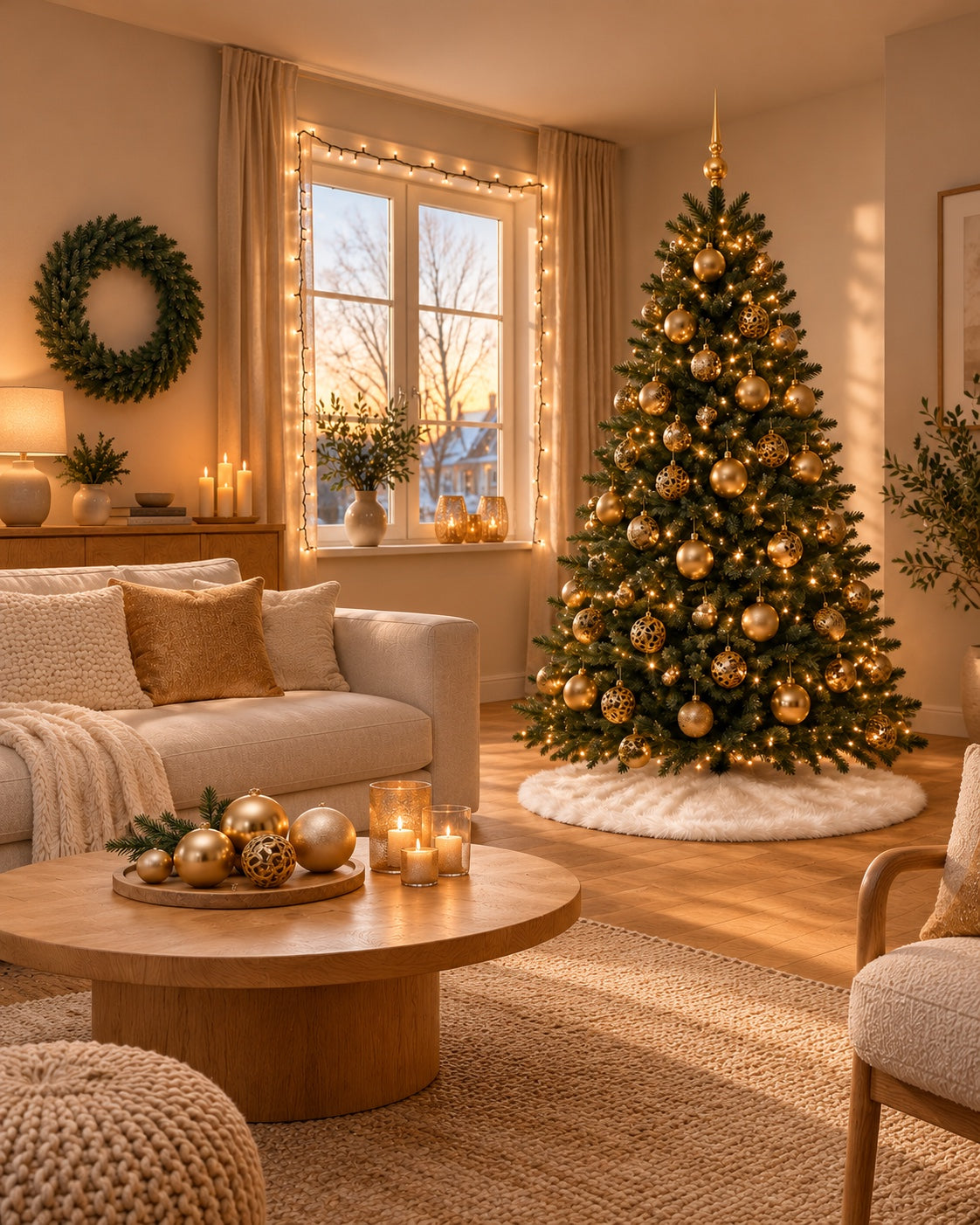 Kersthoek met groene kerstboom, gouden kerstballen, warmwitte lichtslinger, groene krans en witte boomrok.