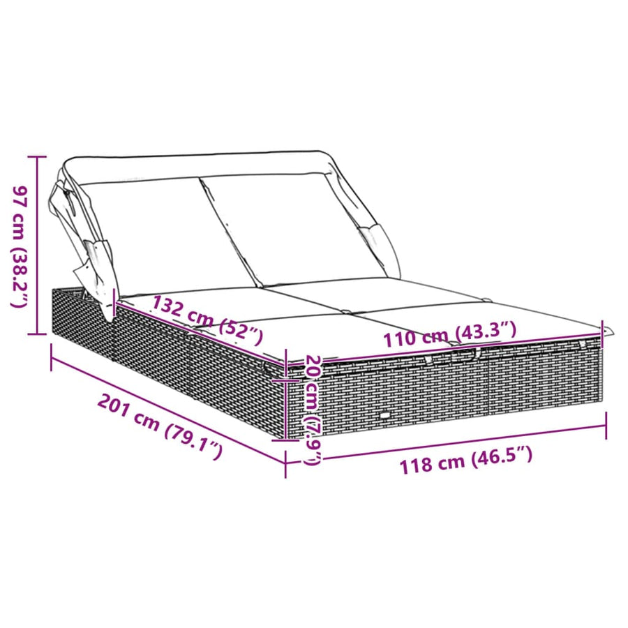 Sunlounger 2-seater with roof 213x118x97 cm poly rattan black