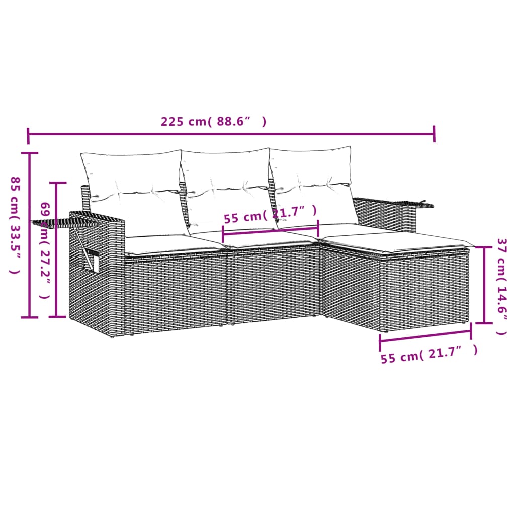 4-delige Loungeset met kussens poly rattan lichtgrijs