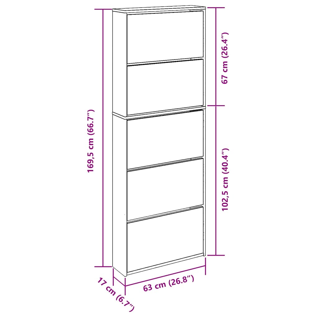 Shoe cabinet with 5 mirrors 63x17x169.5 cm white